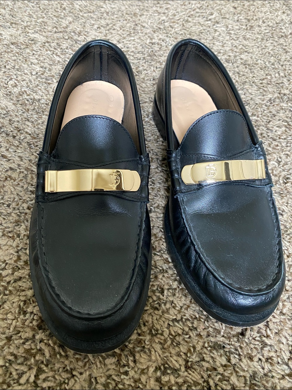 Dear Frances Black Leather Loafers with Gold Accent